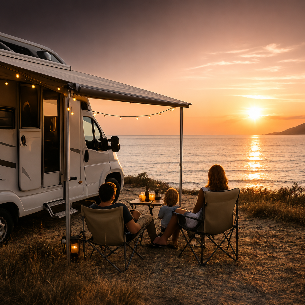 Ehrliche Erfahrungen aus dem Familienalltag Familie genießt den Sonnenuntergang vor dem Wohnmobil als Teil einer entspannten Abendroutine.