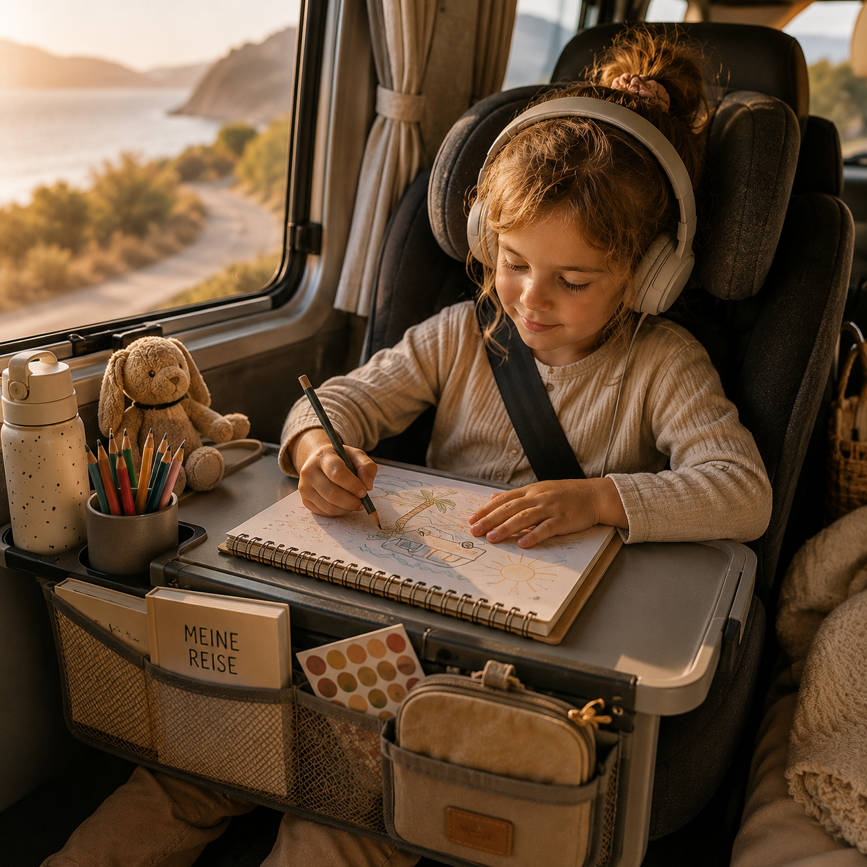 Beschäftigung für Kinder auf langen Autofahrten im Wohnmobil mit Reisetisch und Malbuch