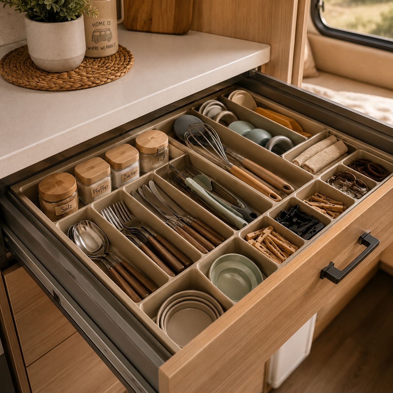 Hilfreiche Produktempfehlungen Ordentlich organisierte Wohnmobil-Schublade mit Besteck, Küchenutensilien und platzsparenden Aufbewahrungssystemen.
