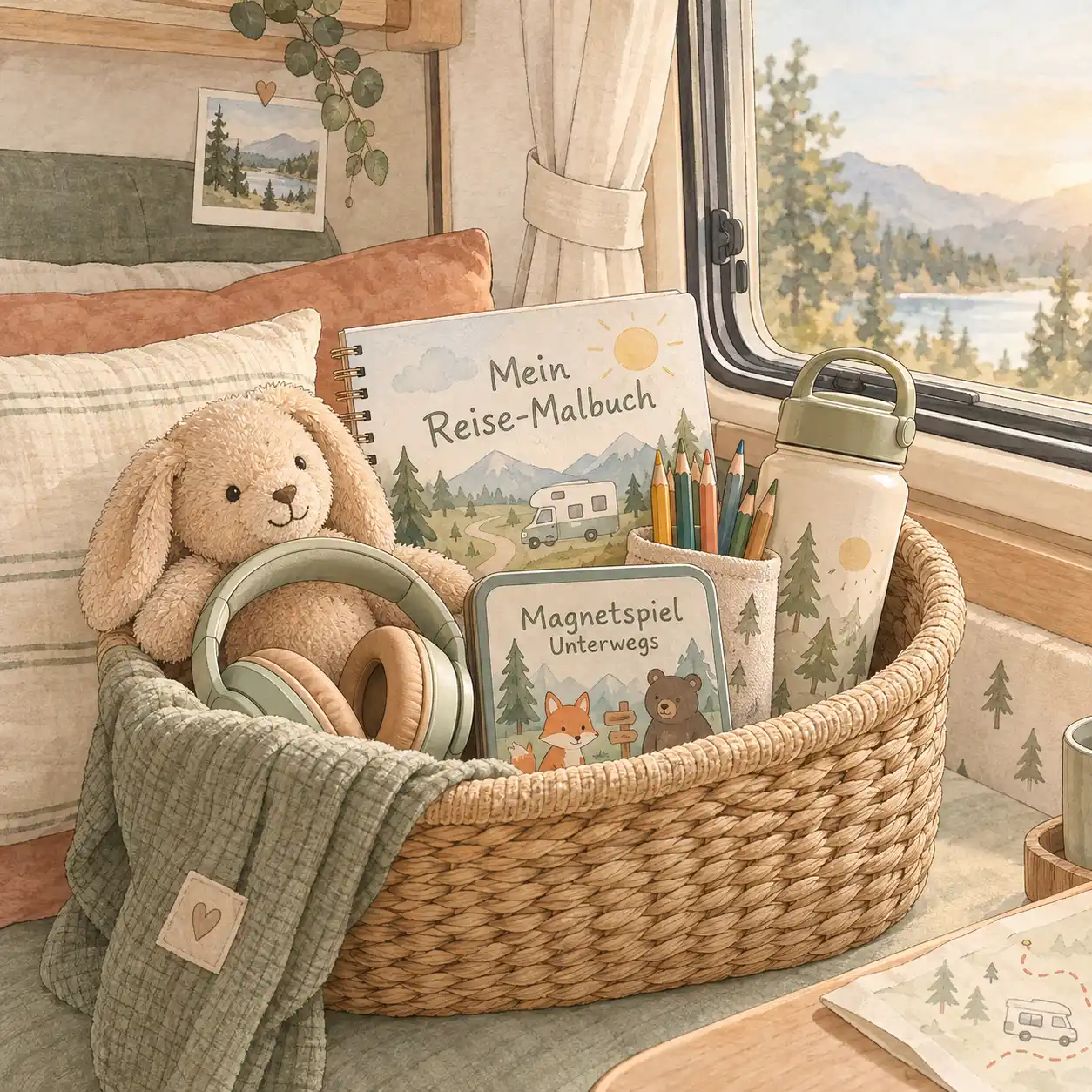 Korb mit Kopfhörern, Malbuch, Magnetspiel, Trinkflasche und Kuscheltier als Helfer für lange Autofahrten mit Kindern