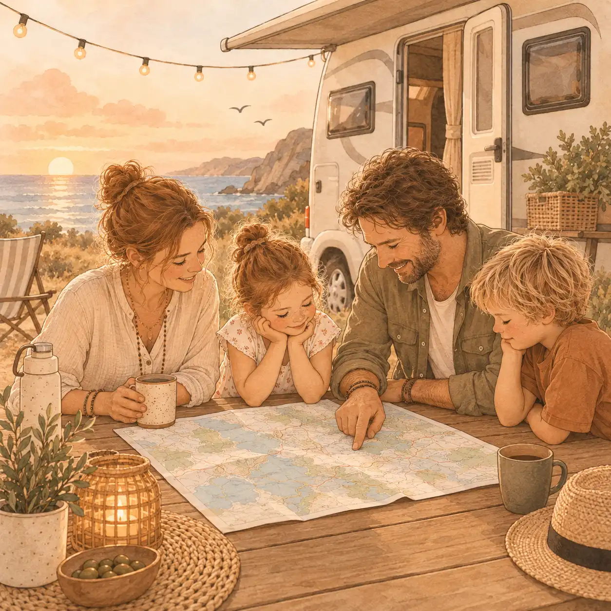Familie sitzt vor dem Wohnmobil am Meer zusammen und schaut auf eine Landkarte.