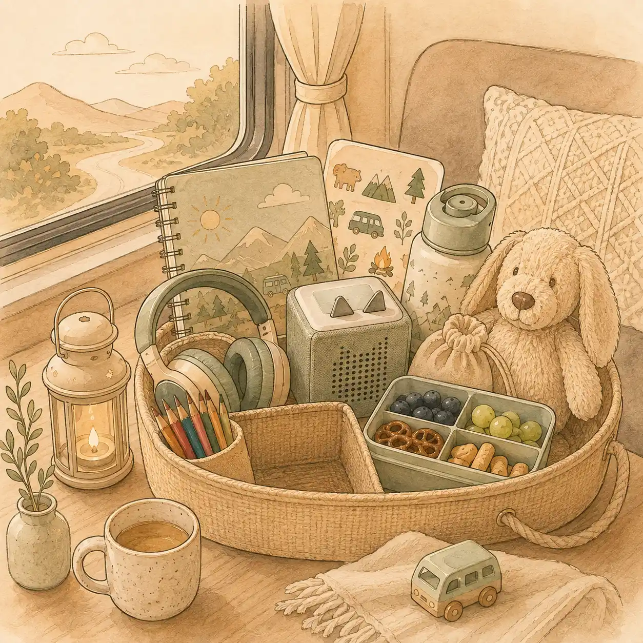 Korb mit praktischen Reisehelfern wie Kopfhörern, Malbuch, Trinkflasche, Snackbox und Kuscheltier im Wohnmobil.