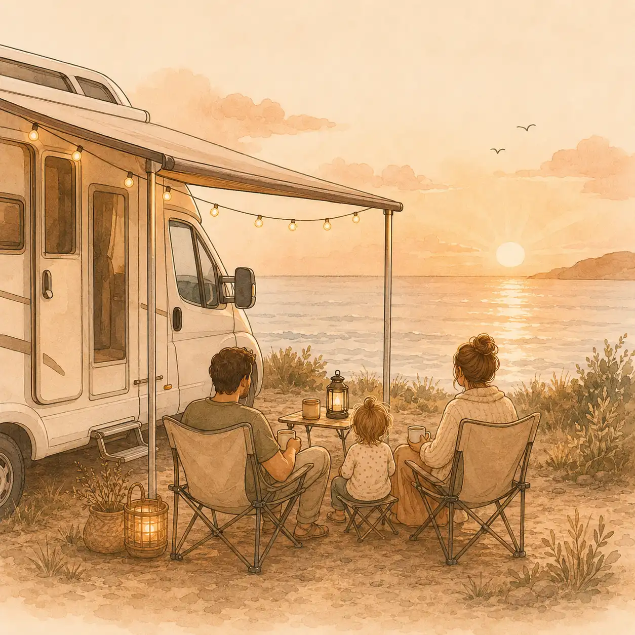 Familie sitzt am Abend vor dem Wohnmobil am Meer und genießt gemeinsam den Sonnenuntergang.