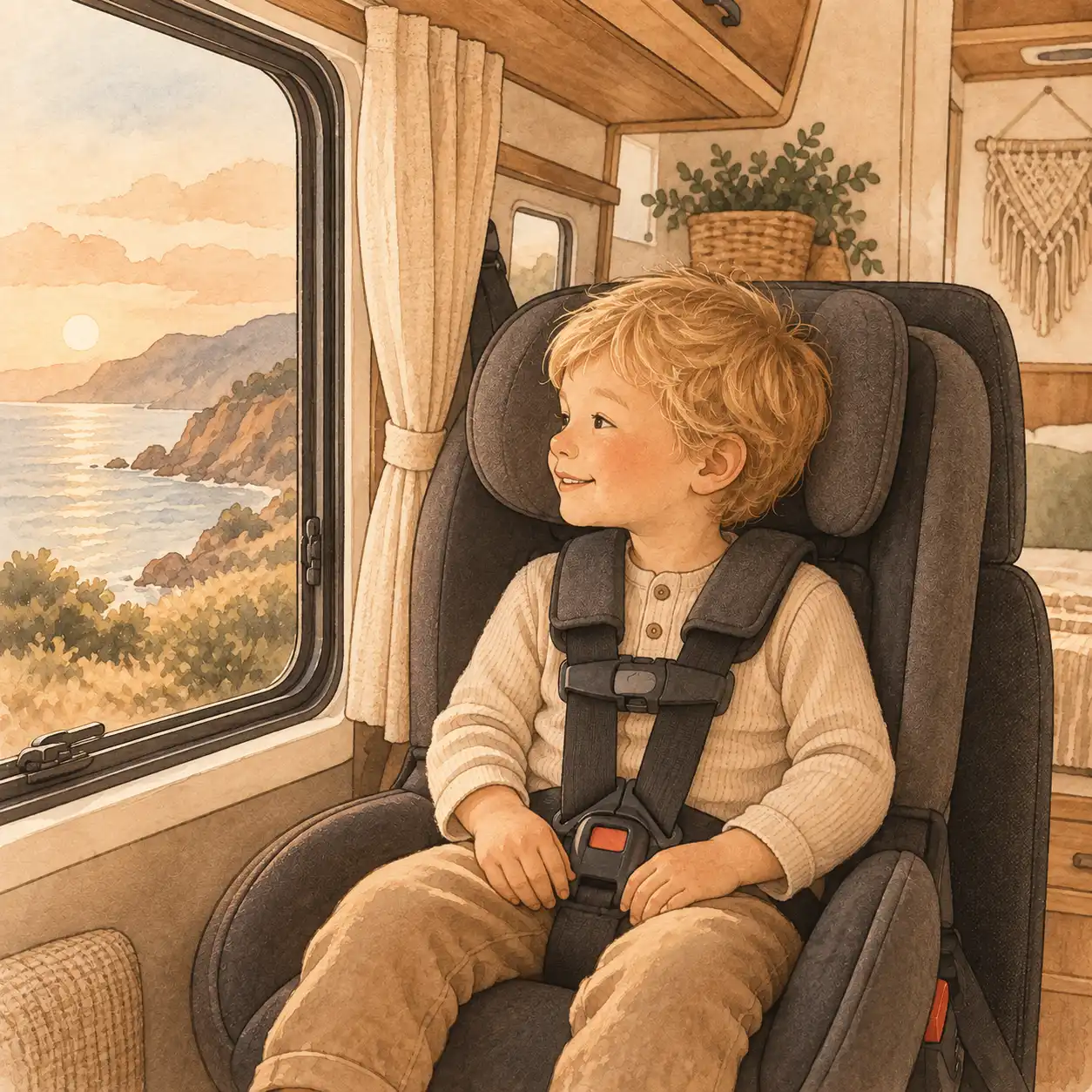 Kind sitzt sicher angeschnallt im Kindersitz im Wohnmobil und blickt aus dem Fenster.